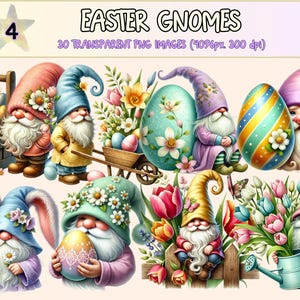 Easter Gnomes (P4) Clipart - 34 PNG Spring Holiday Graphics, Cute Gnome with Eggs Illustrations, Instant Digital Download, Commercial Use