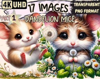 Dandelion Mice Clipart – 17 PNG Graphics, Commercial Use (Digital Download)