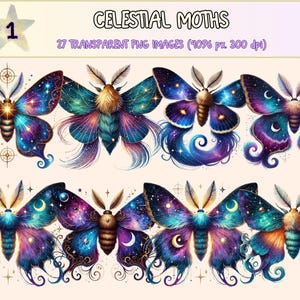 Celestial Moths Clipart - 27 PNG Cosmic Insect Graphics, Mystical Galaxy Moth Illustrations, Instant Digital Download, Commercial Use