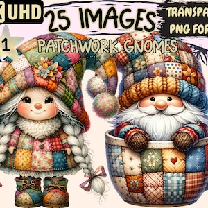 May include: Two patchwork gnomes, one standing and one sitting in a patchwork teacup. The gnome standing has white hair in braids and is wearing a patchwork hat and dress. The gnome sitting has a white beard and is wearing a patchwork hat. Both gnomes have smiling faces.