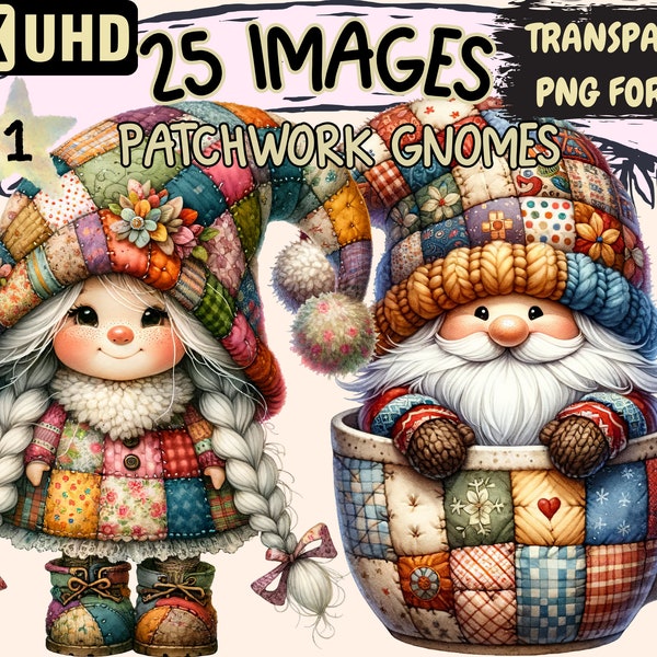 Patchwork Gnomes Clipart Bundle - 25 PNG Cottagecore Gnomes, Cute Cozy Gnomes Printables, Instant Digital Download, Unlimited Commercial Use