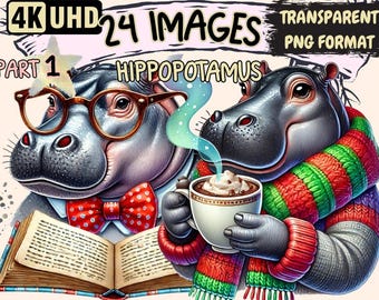 Hippopotamus Clipart - 24 PNG Cute Hippo Graphics, Adorable Animal Printables, Instant Digital Download, Unlimited Commercial Use for Crafts