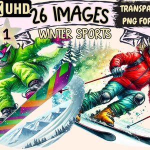 Winter Sports Clipart - 26 PNG Snowy Activity Graphics, Skiing Printables, Instant Digital Download, Unlimited Commercial Use for Crafts