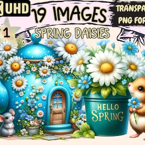 Spring Daisies Clipart - 19 PNG Cheerful Daisy Graphics, Floral Printables, Instant Digital Download, Unlimited Commercial Use for Crafts