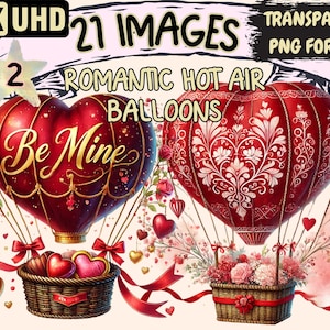 Romantic Hot Air Balloons (P2) Clipart - 21 PNG Valentine's Day Balloon Illustrations, Instant Digital Download, Unlimited Commercial Use