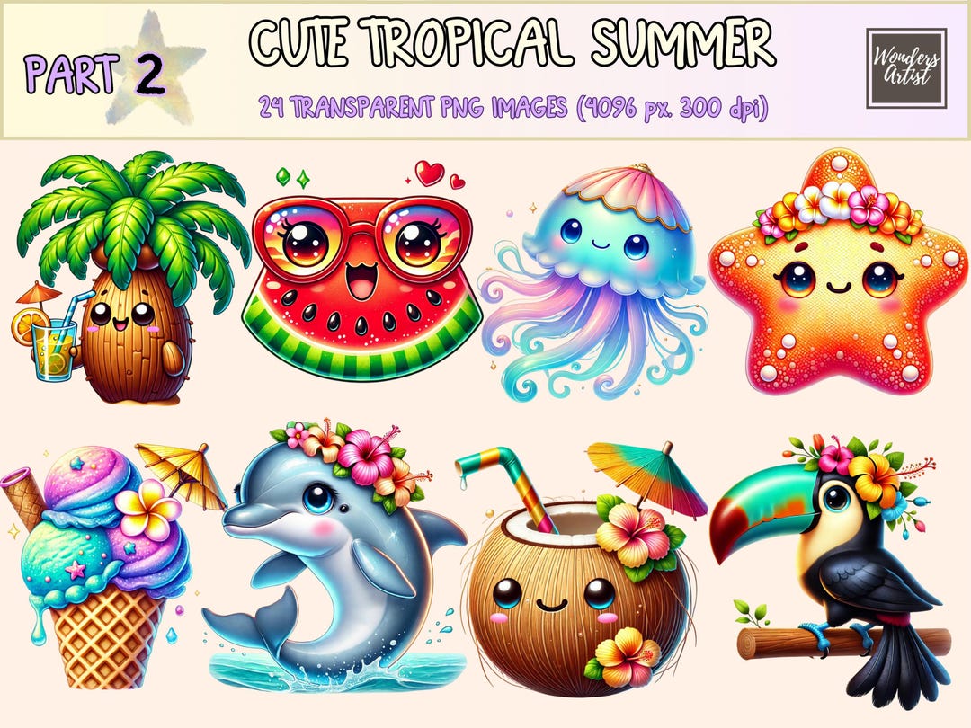 Cute Tropical Summer (P2) Clipart - 24 PNG Fun Beach Graphics, Adorable ...
