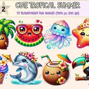 Cute Tropical Summer (P2) Clipart - 24 PNG Fun Beach Graphics, Adorable Printable Illustrations, Instant Digital Download,Commercial Use
