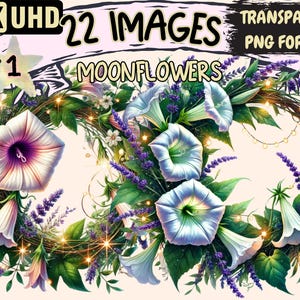 Moonflowers Clipart - 22 PNG Elegant Floral Graphics, Mystical Flower Printables, Instant Digital Download, Unlimited Commercial Use Crafts
