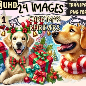 Christmas Retrievers Clipart - 24 PNG Festive Dog Illustrations, Holiday-Themed Art, Instant Digital Download, Unlimited Commercial Use