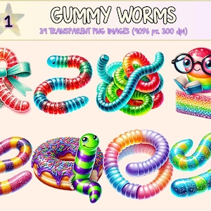 Gummy Worms Clipart - 34 PNG Colorful Candy Graphics, Fun Sweet Treat Party Printable Illustrations, Instant Digital Download,Commercial Use
