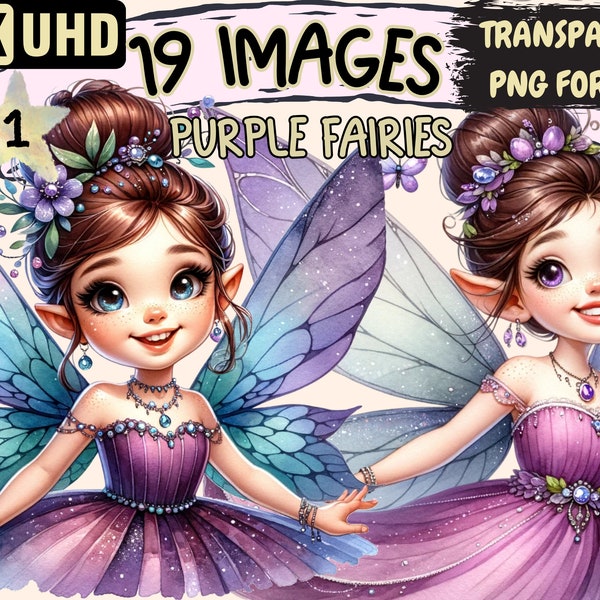 Purple Fairies Clipart - 19 PNG Violet Fairy Graphics, Cute Magical Fairytale Printables, Instant Digital Download, Unlimited Commercial Use