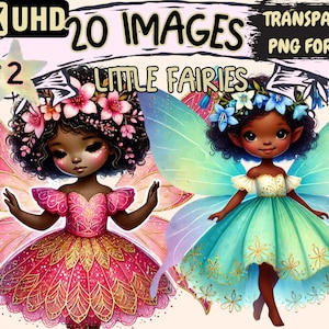 Little Fairies (P2) Clipart - 19 PNG Black Skin Fairy Graphics, African-American Fairies, Instant Digital Download, Unlimited Commercial Use
