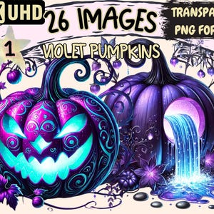 Violet Pumpkins Clipart - 26 PNG Purple-Themed Pumpkin Illustrations, Whimsical Fall Art, Instant Digital Download, Unlimited Commercial Use