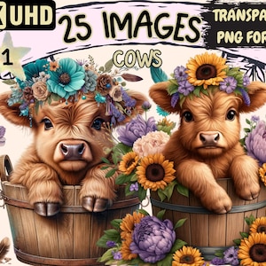 Highland Cows Clipart Bundle - 25 PNG Adorable Highland Cattles, Cute Cow Printables, Instant Digital Download, Unlimited Commercial Use