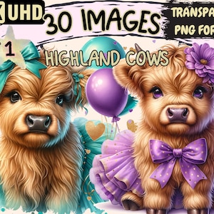 Highland Cows (P1) Clipart - 30 PNG Charming Cow Graphics, Rustic Printables, Instant Digital Download, Unlimited Commercial Use for Crafts