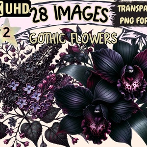 Gothic Flowers (P2) Clipart - 28 PNG Dark Floral Graphics, Elegant Printables, Instant Digital Download, Unlimited Commercial Use for Crafts