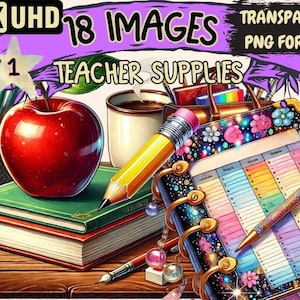 Teacher Supplies Clipart – 18 PNG Classroom Illustrations (Digital Download)