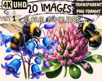 Floral Bumblebee Clipart – Charming Bee Graphics, Commercial Use (Digital Download)