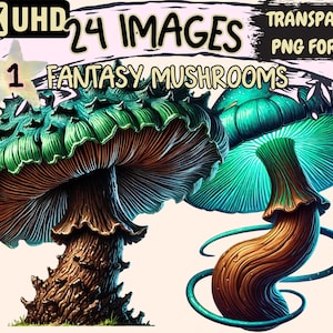Fantasy Mushrooms Clipart - 24 PNG Enchanted Mushroom Illustrations, Whimsical Forest Art, Instant Digital Download,Unlimited Commercial Use