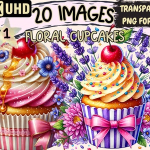 Floral Cupcakes Clipart - 20 PNG Flower Cupcake Illustrations, Dessert Art, Instant Digital Download, Unlimited Commercial Use for Crafts