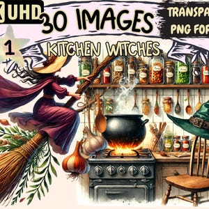 Kitchen Witches Clipart - 30 PNG Witchy Kitchen Graphics, Cooking Printables, Instant Digital Download, Unlimited Commercial Use for Crafts