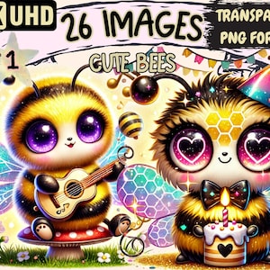Cute Bees Clipart - 26 PNG Adorable Sweet Bee Illustrations, Honey Bee Art, Instant Digital Download, Unlimited Commercial Use for Crafts