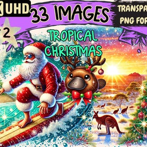 Tropical Christmas (P2) Clipart - 33 PNG Festive Holiday Illustrations, Beach Art, Instant Digital Download, Unlimited Commercial Use Crafts