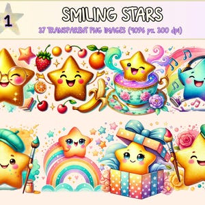 Smiling Stars Clipart - 37 PNG Cute Celestial Graphics, Adorable Happy Star Printable Illustrations, Instant Digital Download,Commercial Use