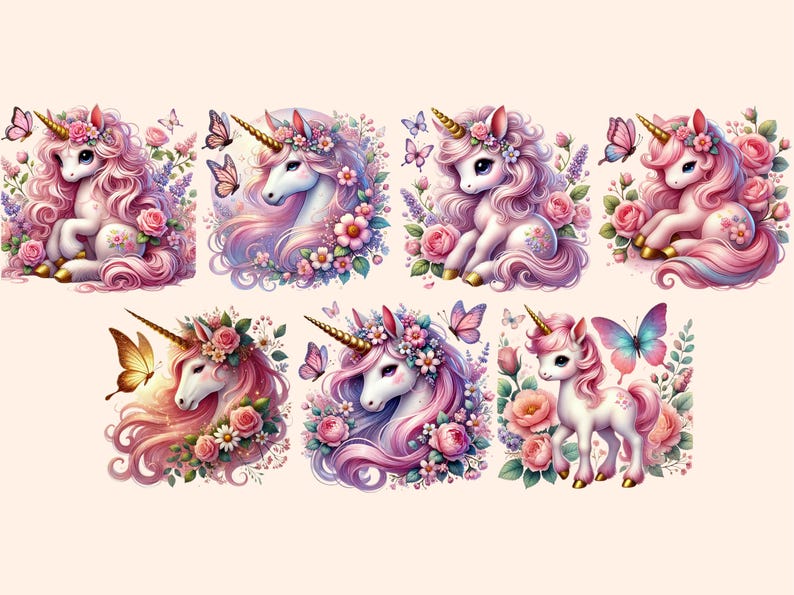 Blush Unicorns Clipart 31 PNG Adorable Pink Unicorn Illustrations, Cute