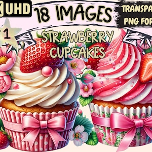 Strawberry Cupcakes Clipart - 18 PNG Sweet Treat Illustrations, Dessert Art, Instant Digital Download, Unlimited Commercial Use for Crafts