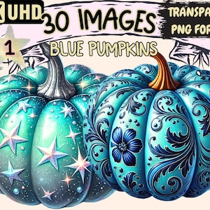 Blue Pumpkins Clipart - 30 PNG Unique Pumpkin Illustrations in Shades of Blue, Fall Art, Instant Digital Download, Unlimited Commercial Use