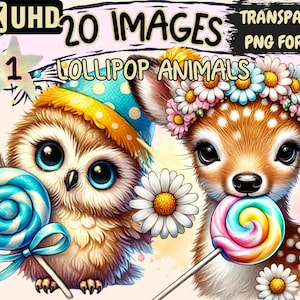 Lollipop Animals Clipart - 20 PNG Sweet Treat Animal Illustrations, Whimsical Art, Instant Digital Download, Unlimited Commercial Use Crafts