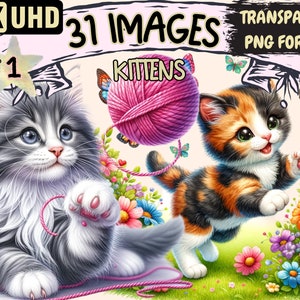 Kätzchen Clipart - 31 PNG entzückende Kätzchen Grafiken, süße Katzen Druckbare, sofortiger digitaler Download, unbegrenzte kommerzielle Nutzung Handwerk Designs