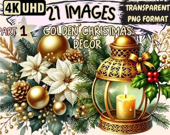 Golden Christmas Decor Clipart - Holiday PNG Illustrations (Digital Download)
