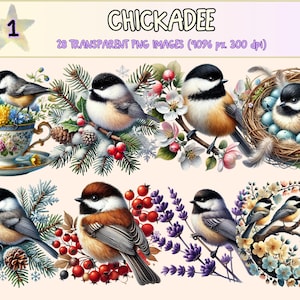 Chickadee Clipart - 28 PNG Cute Bird Graphics, Woodland Animal Illustrations, Nature Printables, Instant Digital Download, Commercial Use