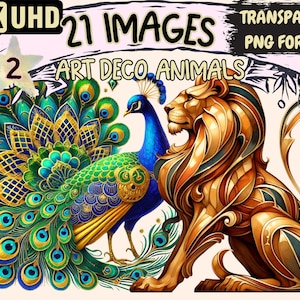 Art Deco Animals (P2) Clipart - 21 PNG Elegant Animal Illustrations Vintage Retro Designs, Instant Digital Download,Unlimited Commercial Use