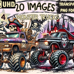 Monster Trucks (P4) Clipart - 20 PNG High-Octane Vehicle Illustrations, Action-Packed Art, Instant Digital Download,Unlimited Commercial Use