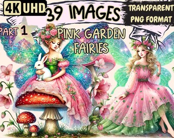 Pink Garden Fairies Clipart – 39 PNG Graphics, Floral Printables (Digital Download)