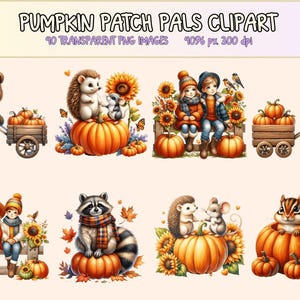 Puede incluir: Un conjunto de imágenes prediseñadas digitales titulado "Pumpkin Patch Pals" con varias ilustraciones con temática otoñal. Las imágenes incluyen osos de dibujos animados, erizos, mapaches y niños con calabazas, girasoles y follaje de otoño.