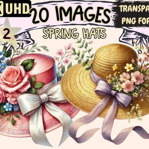 Spring Hats (P2) Clipart - 20 PNG Floral Bonnet Graphics, Easter Headwear Fashion Printables, Instant Digital Download, Commercial Use