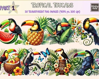 Tropical Toucans Watercolor Clipart – Jungle Bird PNG Graphics (Digital Download)