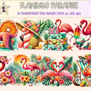 Flamingo Paradise Clipart - 36 PNG Tropical Bird Graphics, Beach Summer Vacation Illustrations, Instant Digital Download, Commercial Use
