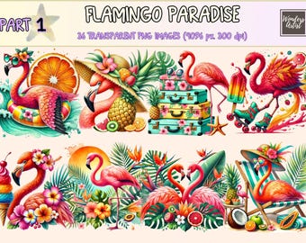 Watercolor Flamingo Clipart – Tropical Summer PNG Graphics (Digital Download)