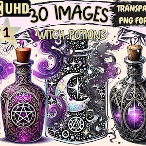 Puede incluir: 30 imágenes de botellas de poción de bruja con un diseño de galaxia y estrellas. Las botellas son ornamentadas y tienen un líquido morado en su interior. Las botellas están rodeadas de humo morado y negro.