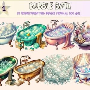 Peut inclure: Un ensemble de 33 illustrations numériques de différentes scènes de bain moussant, avec des couleurs et des styles variés. Les images sont des fichiers PNG transparents, parfaits pour les projets d'artisanat et de design.