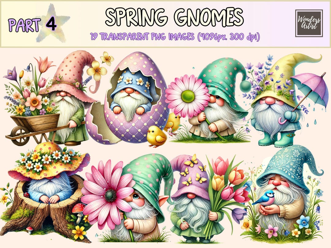 Spring Gnomes (P4) Clipart - 19 PNG Floral Gnome Graphics, Cute ...