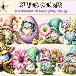 Spring Gnomes (P4) Clipart - 19 PNG Floral Gnome Graphics, Cute Springtime Garden Illustrations, Instant Digital Download, Commercial Use