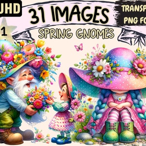 Spring Gnomes Clipart - 31 PNG Springtime Wildflowers Gnome Gardener, Gnomes Printables, Instant Digital Download, Unlimited Commercial Use
