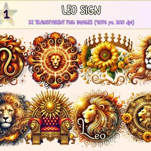Leo Sign Clipart - 32 PNG Zodiac Symbol Graphics, Astrology Illustrations, Celestial Printables, Instant Digital Download, Commercial Use