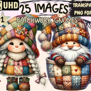 Patchwork Gnomes Clipart – 25 PNG Cottagecore Graphics (Commercial Use)
